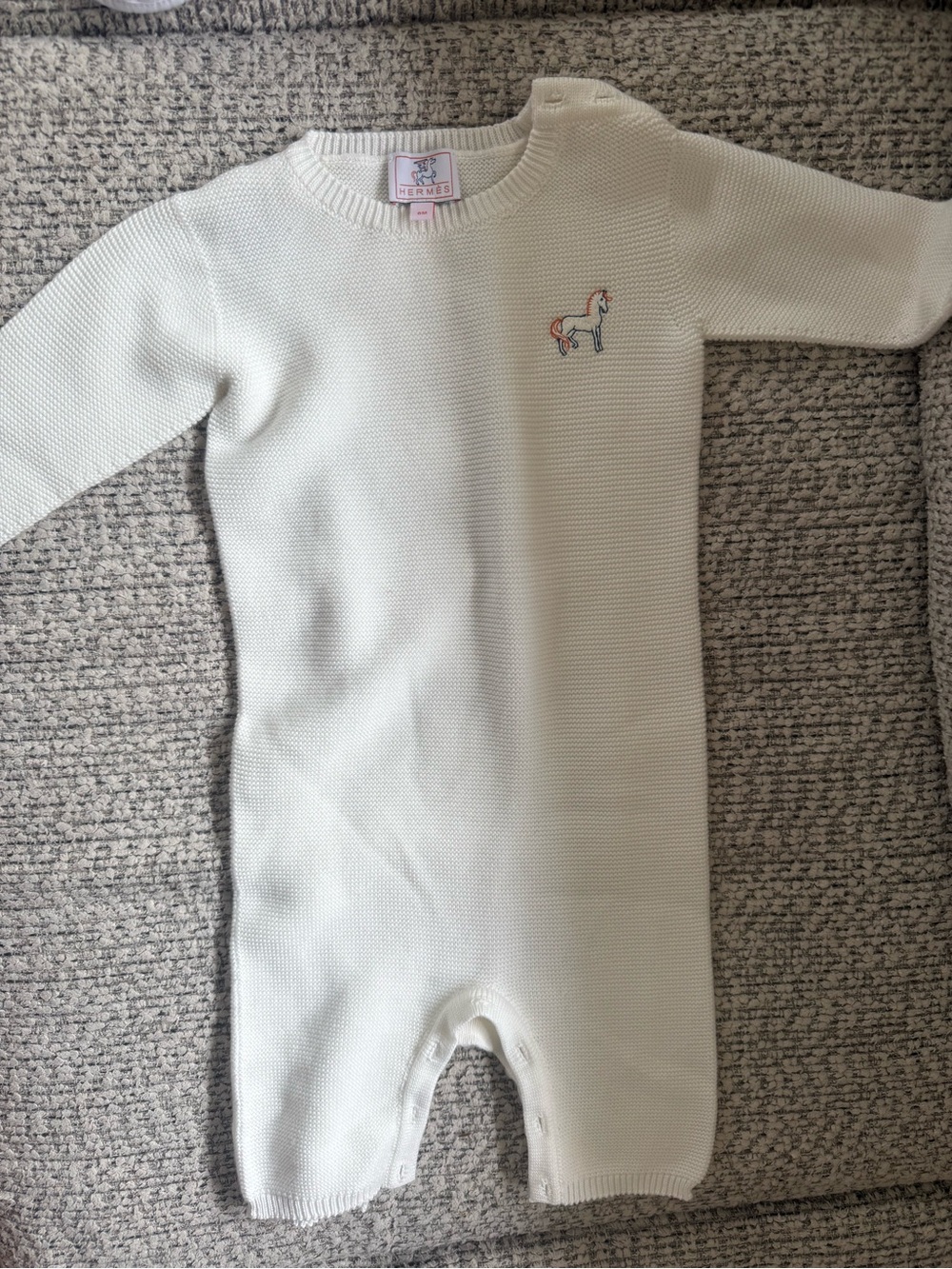 Hermes Cream Knit Baby Footie with Embroidered Horse